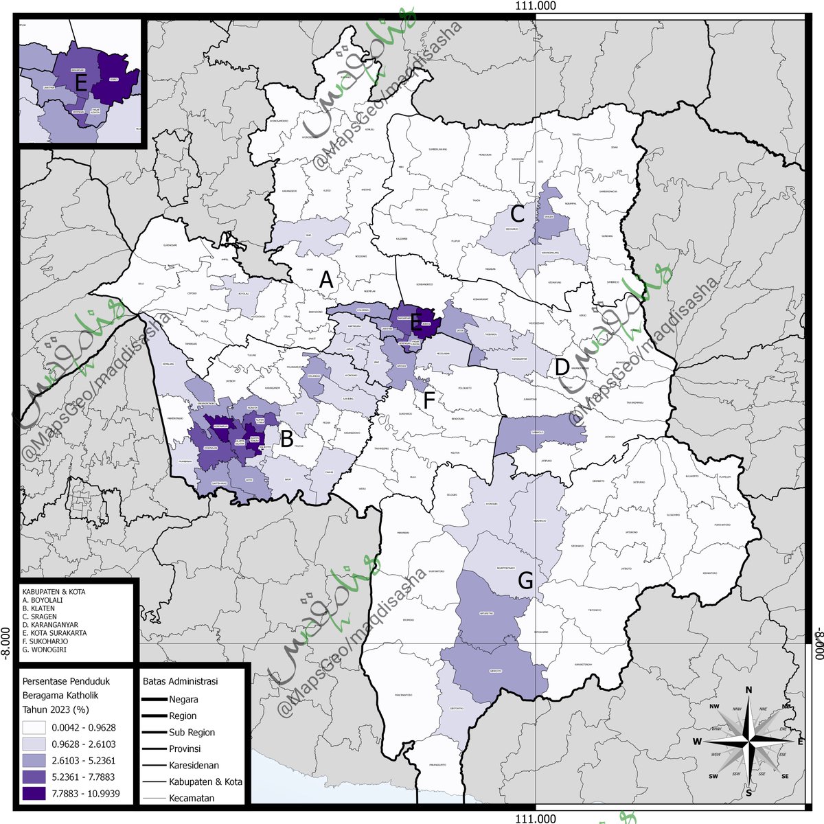 Peta Persentase Agama di Setiap Kecamatan di Wilayah Subosukowonosraten Tahun 2023 

Sumber Data: Webgis Dukcapil per 31 Desember 2023 (gis.dukcapil.kemendagri.go.id/peta/)