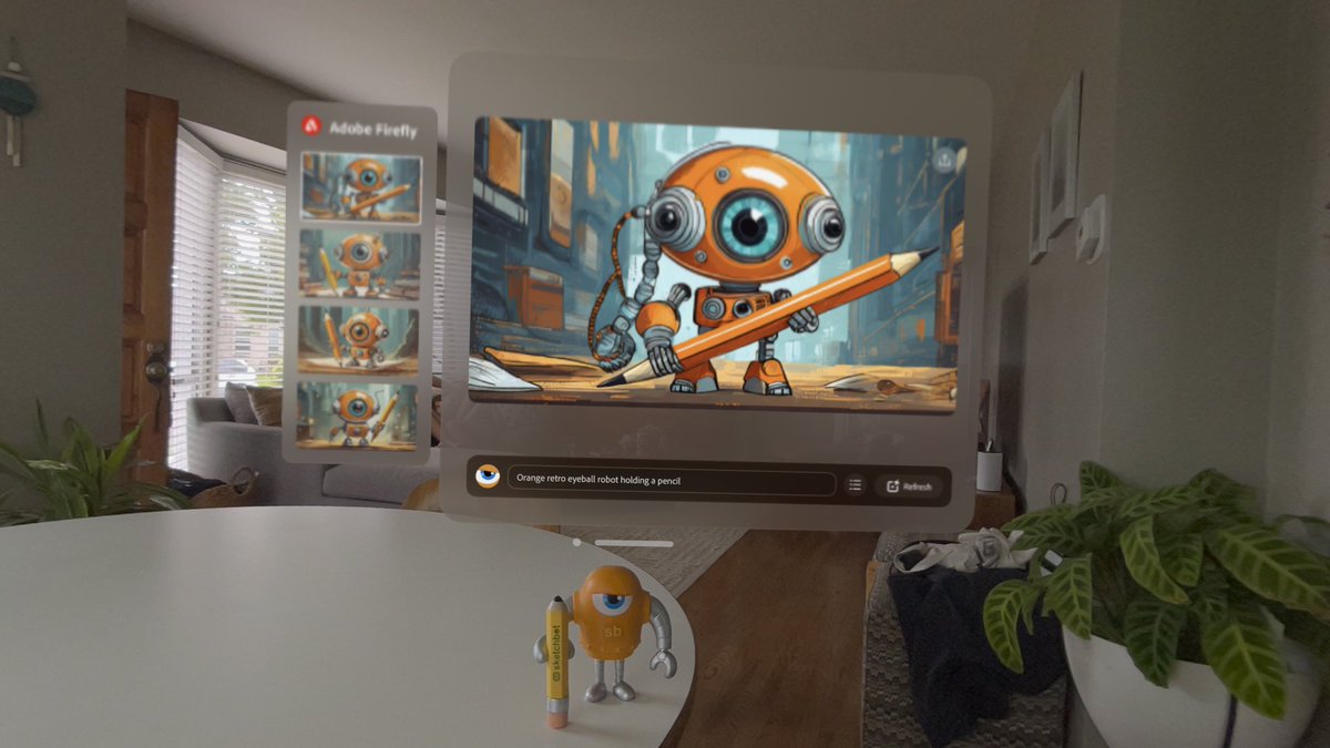 SteveTalkowski's tweet photo. Trying out @Adobe Firefly for the first time on #AppleVisionPro
Hmm, I think my job is still safe. 🤔😉
#sketchbot #designer #vinyl #toy #robot https://t.co/TbY55chR34