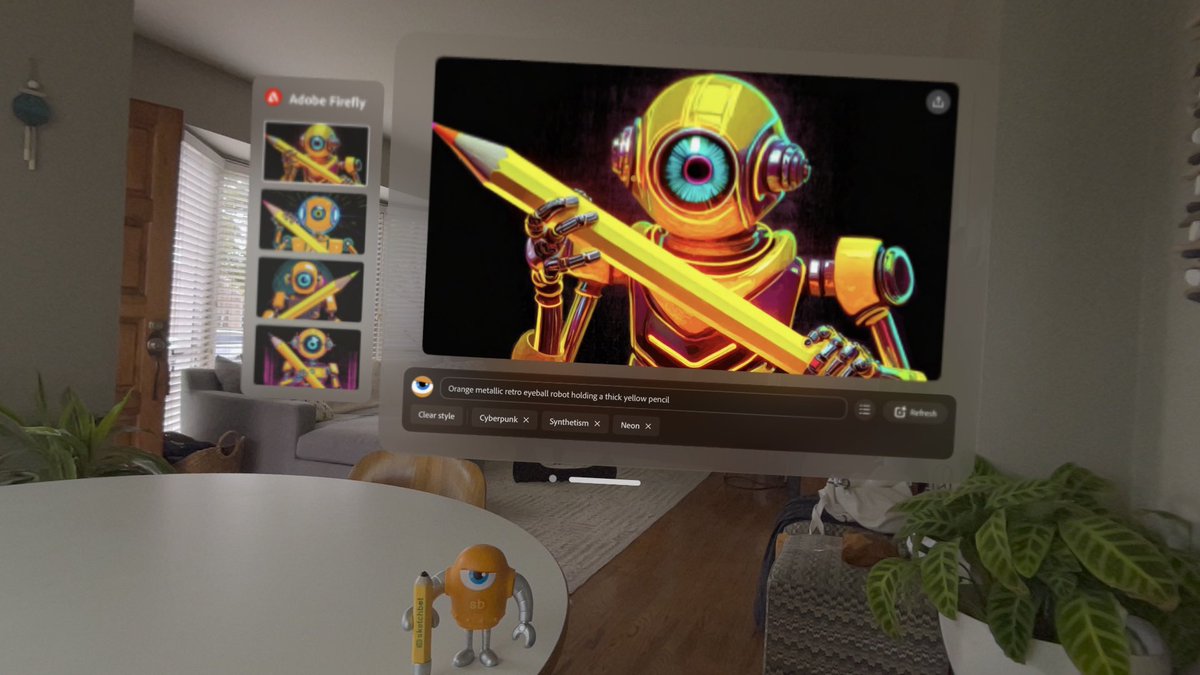 SteveTalkowski's tweet photo. Trying out @Adobe Firefly for the first time on #AppleVisionPro
Hmm, I think my job is still safe. 🤔😉
#sketchbot #designer #vinyl #toy #robot https://t.co/TbY55chR34