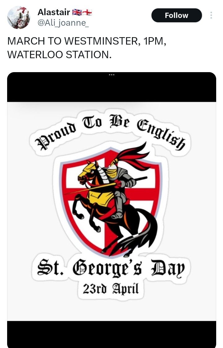 MrTibblesNewEra's tweet photo. Alastair will be there. Not sure why but he will, definitely.

Pubs and gardens where you live are available on that day in case you don't want to risk waiting for an AI knight.

#StGeorgesDay
#StartedEarly
@Ali_joanne_ https://t.co/x9SMreUk8F