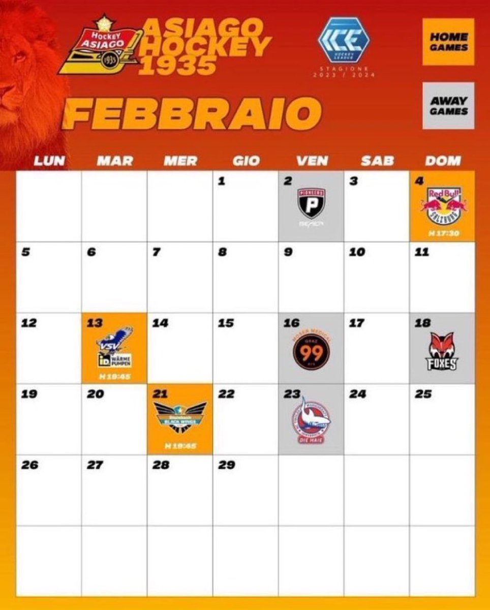 Febbraio
🏒 <a href="/win2dayICE/">win2day ICE Hockey League</a> 

❌ Vorarlberg 🆚 #Asiago 6-2
☑️ #Asiago 🆚 Salisburgo 2-3 RIG
❌ #Asiago 🆚 Villach🇦🇹 2-4
✅ Graz 🆚 #Asiago 3-4
❌ Bolzano 🆚 #Asiago 7-4
21/2 #Asiago 🆚 Linz🇦🇹
23/2 🇦🇹Innsbruck 🆚 #Asiago