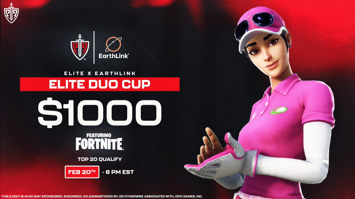 $1,000 Elite X Earthlink Duo Cup ⚔️

📅 Open Qualifier: Tuesday 8 PM EST
20 DUOS qualify &amp; 30 DUOS invited

REGISTER:
📌 RT &amp; REPLY w/ DUO
📌 Follow <a href="/EliteEsports/">Elite Esports ⚔️</a> 
📌 JOIN CORD: bit.ly/3ulkoUd

🚨 Giving Away 5 FINALS Spots: RT to enter