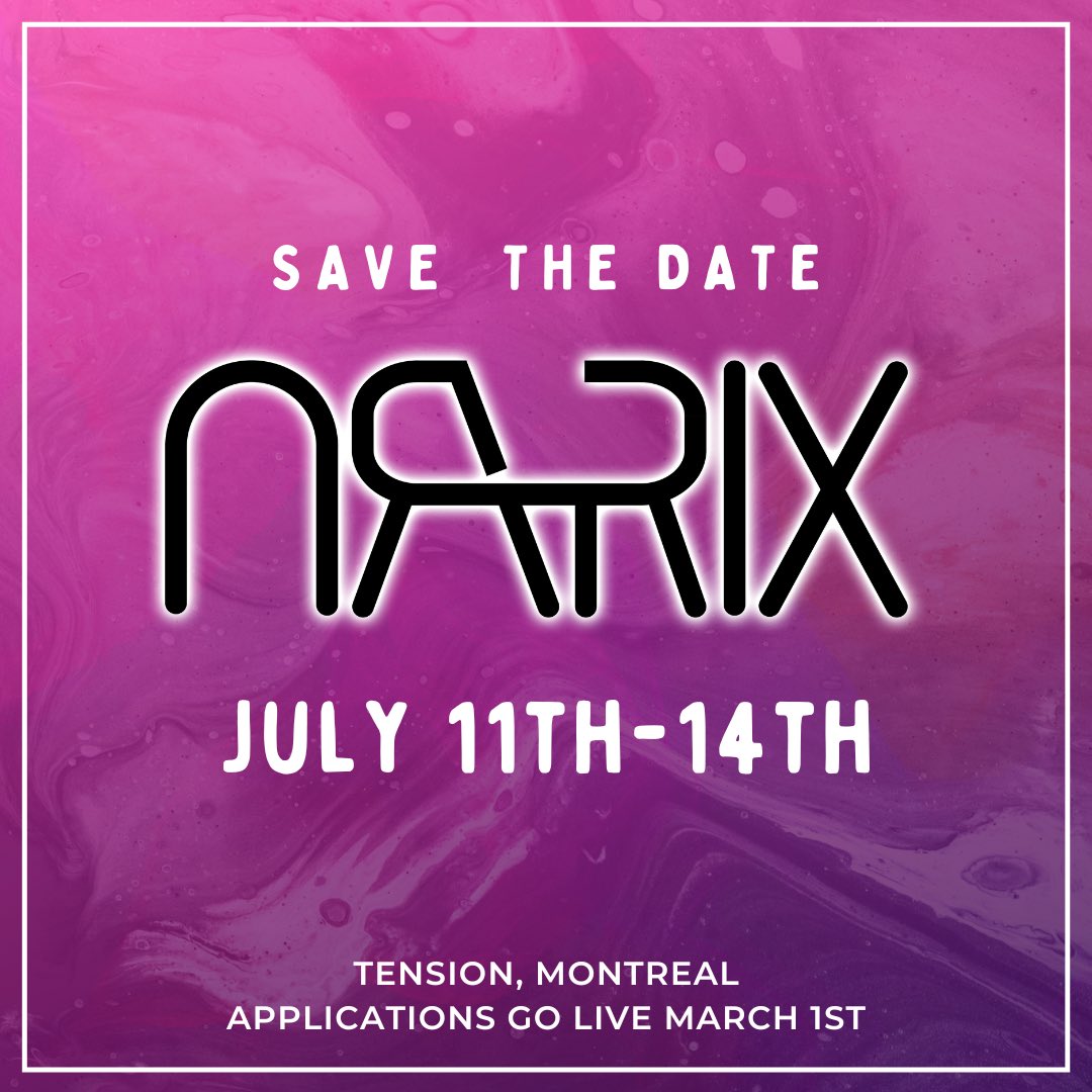Exciting news! NARIX is going back to <a href="/MtlTension/">TensionMTL</a> in Montreal!

Applications for Summer NARIX will open on March 1st, and close at midnight (PST) on March 7th. You can find out more about the application, including what questions to expect, at narix.org/applicationpro….