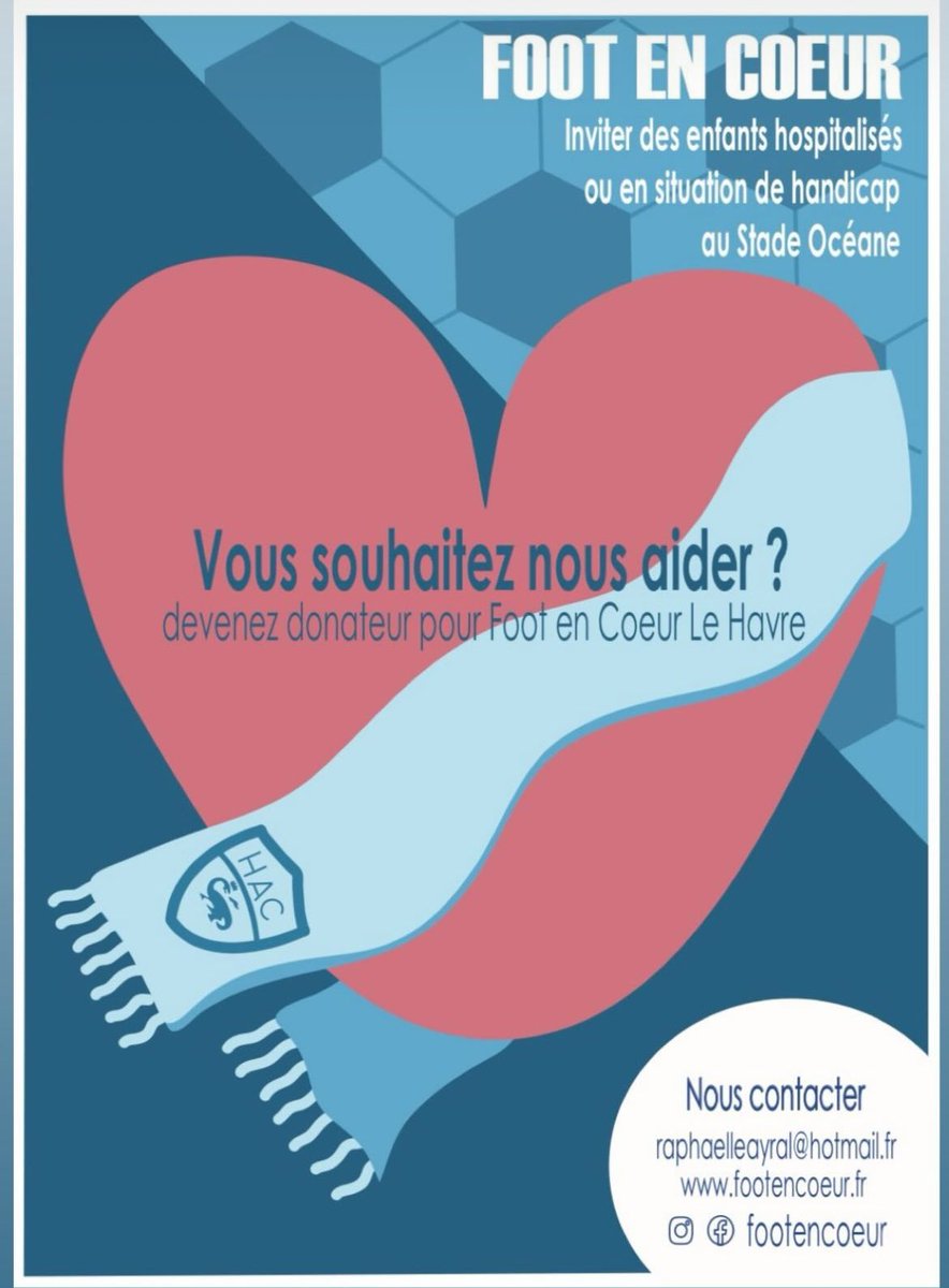 Foot En Coeur démarre son action solidaire en faveur des enfants au Havre ! 🩵🤍
Vous êtes fan du <a href="/HAC_Foot/">Havre Athletic Club ⚽️</a> et souhaiter nous aider? 
Devenez donateurs et/ou bénévole en contactant Raphaelle notre déléguée havraise!
<a href="/LH_LeHavre/">Le Havre</a> <a href="/hacfans1872/">HAC FANS 1872 ⚽</a>  <a href="/Koceane16/">KOP OCÉANE</a> <a href="/BARBARIANS93/">BARBARIANS HAVRAIS</a>  #HAC