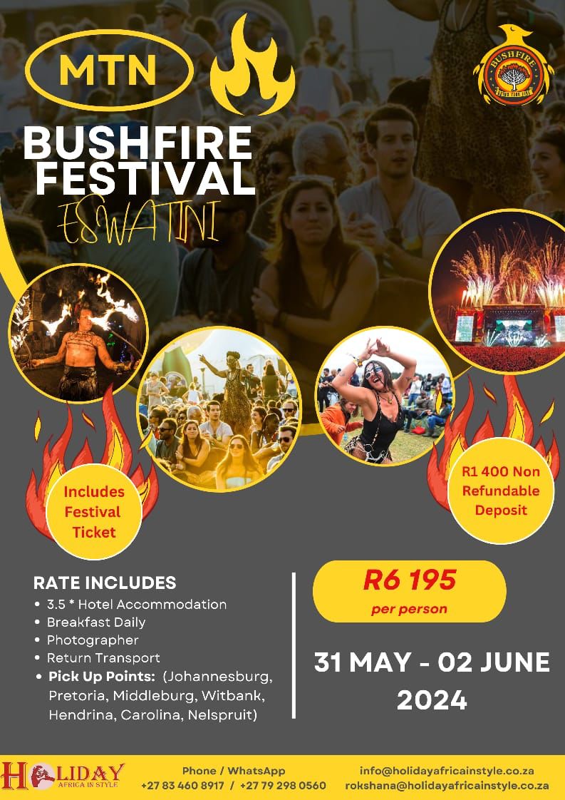 holiday_africa's tweet photo. Bushfire Music Festival - Swaziland
2 Nights accommodation Hotel/Tent options 
Return Transport 31 May-02 Jun 2024
Breakfast daily 
Tent Option excludes the weekend festival ticket
Hotel option includes the weekend festival ticket 
Contact ☎️/ WhatsApp 083 460 8917 https://t.co/6hxzMJRF0m