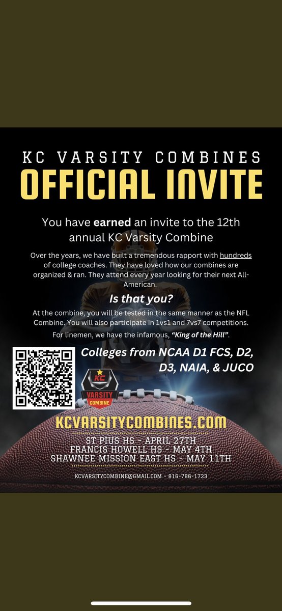 Thank you <a href="/Varsitycombine1/">KC Varsity Combines</a> for the invite! Excited for the opportunity to go out and compete! 
<a href="/SavannahFB_/">Savannah Savage Football</a> <a href="/CoachCalebWiley/">Caleb Wiley</a> <a href="/CoachHays_/">Anthony Hays</a>