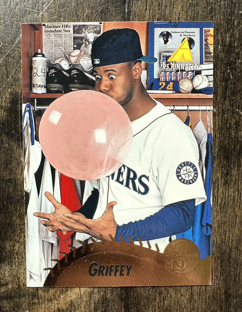 Junk Wax Portraits: 1995 Pinnacle Ken Griffey “Bazooka” Jr.! This is a gorgeous card. Just sums up the kid. Backwards hat and having fun! The good ol days! #junkwax #pinnacle #baseballcards #baseballcard #kengriffeyjr #kengriffeyjrcards #kengriffeyjr24 #cards #card #sportscards