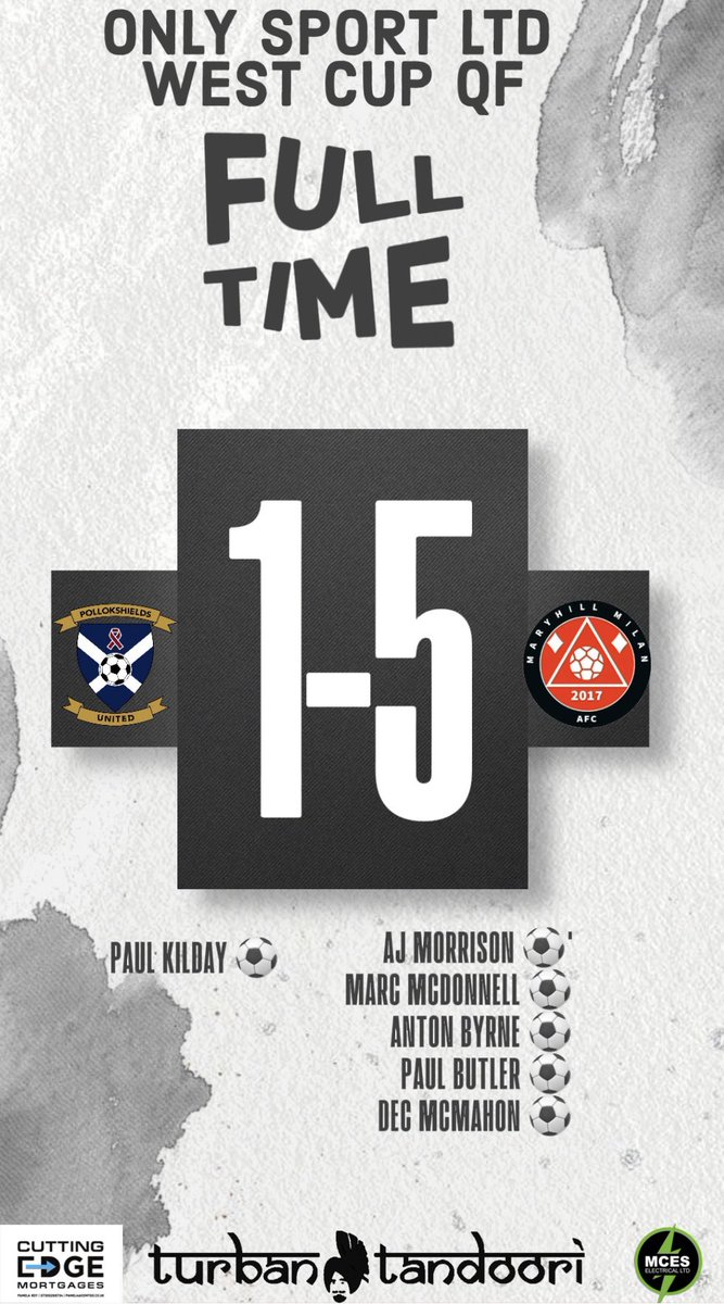 FT Result… 🏆 @OnlySportLTD1 West Cup QF ⚽️ Pollokshields 1-5 Maryhill Milan Goal: @kildaypaul1 Not to be, never played near what capable of and up against a good side in Milan, who deserved their win, all best in semi final lads 👏