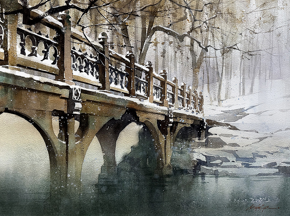 Oak Bridge in Snow - Central Park. Watercolor on Baohong Paper. 15x20 inches