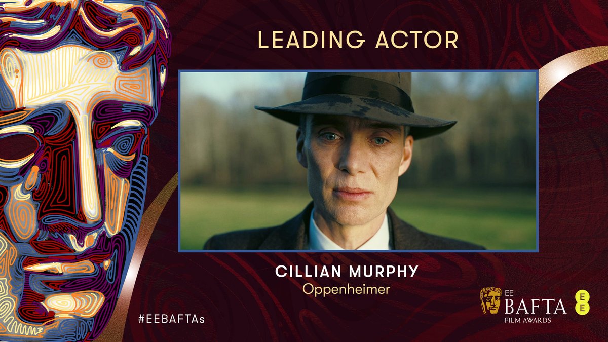 BAFTA's tweet photo. Congratulations to Cillian Murphy who is awarded the BAFTA for Leading Actor 🏆 @OppenheimerFilm @UniversalPics #EEBAFTAs https://t.co/BZiee65hEG
