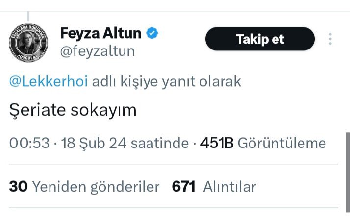 Zengin kocası onu boşadı diye alenen Millet’in inancına saldıran <a href="/feyzaltun/">Feyza Altun</a>’a sessiz ve seyirci kalmayacağınıza dair inancımız tam Bakanım! <a href="/AliYerlikaya/">Ali Yerlikaya</a>
Not: Feyza’nın arkasında hangi eski Başsavcı olduğunu biliyoruz ama farketmez, ihanet uçar sadâkat kalır, o da bunu biliyor!