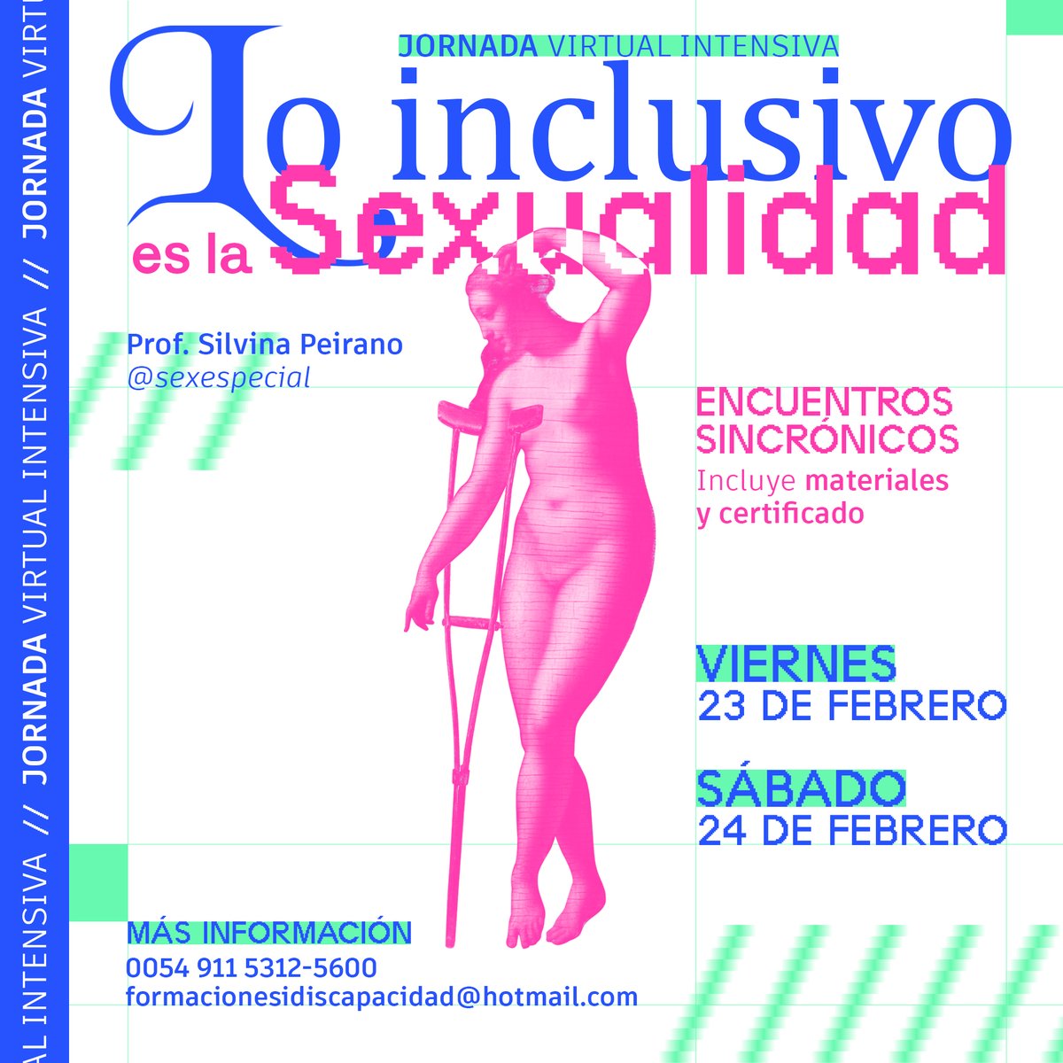 📢¡YA LLEGA!
JORNADA VIRTUAL INTENSIVA "Lo inclusivo es la sexualidad. ESI con perspectiva en Diversidad funcional"  Docente: Silvina Peirano  

Información: drive.google.com/file/d/1V7nXqT…… #EsiyDiscapacidad