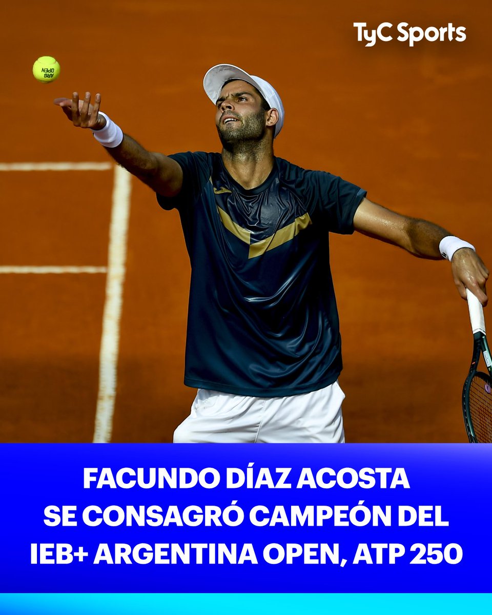 TyCSports's tweet photo. 🇦🇷 ¡FACUNDO DÍAZ ACOSTA ES EL NUEVO CAMPEÓN DEL IEB+ ARGENTINA OPEN! 🏆

🎾 En el Estadio Guillermo Vilas del Buenos Aires Lawn Tennis Club, el tenista argentino derrotó al chileno Nicolás Jarry, número 21 del ranking ATP, en sets corridos por 6-3 y 6-4.

¡FELICITACIONES, FACU! 👏
