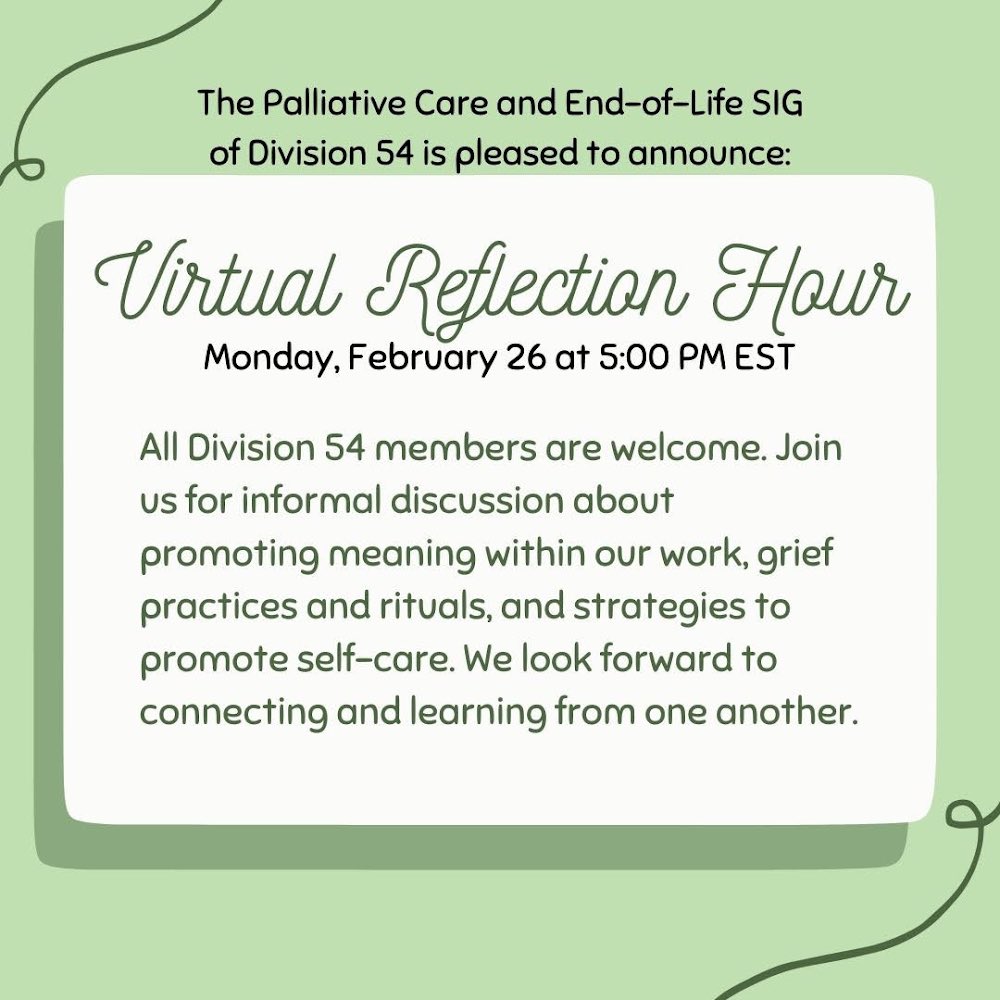 SPP Palliative Care and End of Life SIG (@spp_palleol) on Twitter photo <a href="/SPPDiv54/">Society of Pediatric Psychology</a> members! The <a href="/SPP_PallEoL/">SPP Palliative Care and End of Life SIG</a> SIG is delighted to be hosting a Virtual Reflection Hour on Monday, 2/26 at 5pm EST. Join us to connect & talk about promoting meaning, provider grief & self-care working in #pedpc. SIG membership not required. š»
olemiss.zoom.us/meeting/regist⦠<a href="/SPPDiv54/">Society of Pediatric Psychology</a> members! The <a href="/SPP_PallEoL/">SPP Palliative Care and End of Life SIG</a> SIG is delighted to be hosting a Virtual Reflection Hour on Monday, 2/26 at 5pm EST. Join us to connect & talk about promoting meaning, provider grief & self-care working in #pedpc. SIG membership not required. š»
olemiss.zoom.us/meeting/registā¦