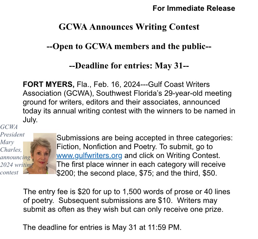 GCWA_SWFL's tweet image. Gulf Coast Writers Association announces the start of their annual Writing Contest with deadline for submittal May 31, 2024 at 11:59pm.