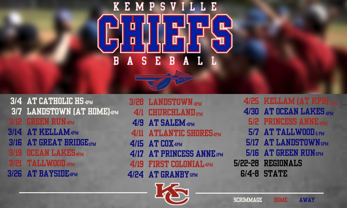 Official game day schedule for the 2024 school year!!

#together #baseball #kempsvillebaseball #kempsville #kempsvillechiefs #kempsvillehighschool #schedule 

*Please note that dates and times are subject to change*