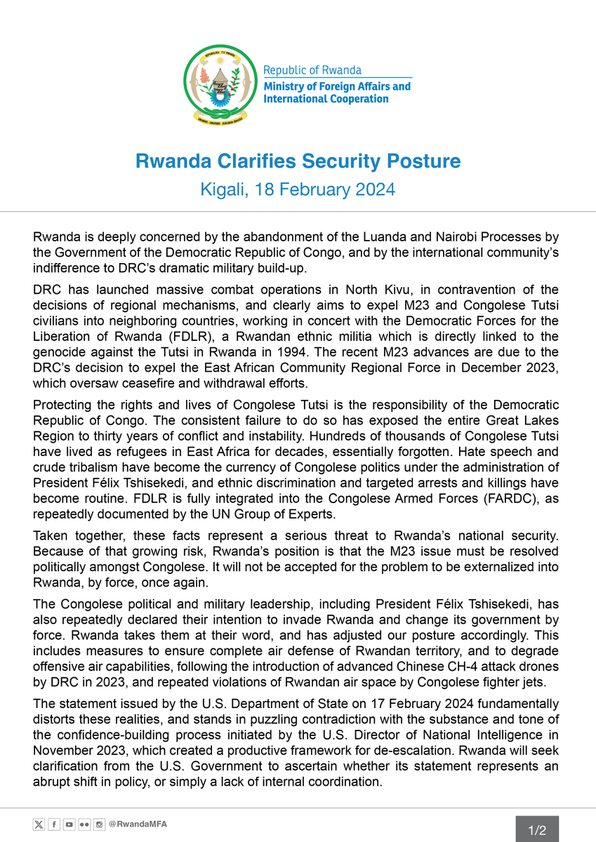 RwandaMFA's tweet photo. RWANDA CLARIFIES SECURITY POSTURE

Link: https://t.co/mLBLFdlr10 https://t.co/fFcSxQeA4n