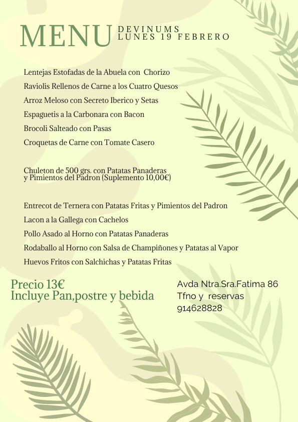 devinums_Rest's tweet photo. Menu Lunes 19 Febrero.
Reservas 914628828. https://t.co/ymZhnIxzj4