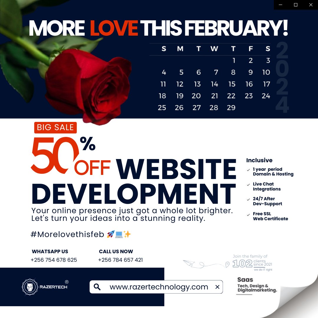 From us to you. Let not the month of love end without you getting some. 
This is our way of saying *we love you* by sharing 50-50 with you as you take a step to create online presence for your business and work...
#YounameitWecodeit
#MoreLove