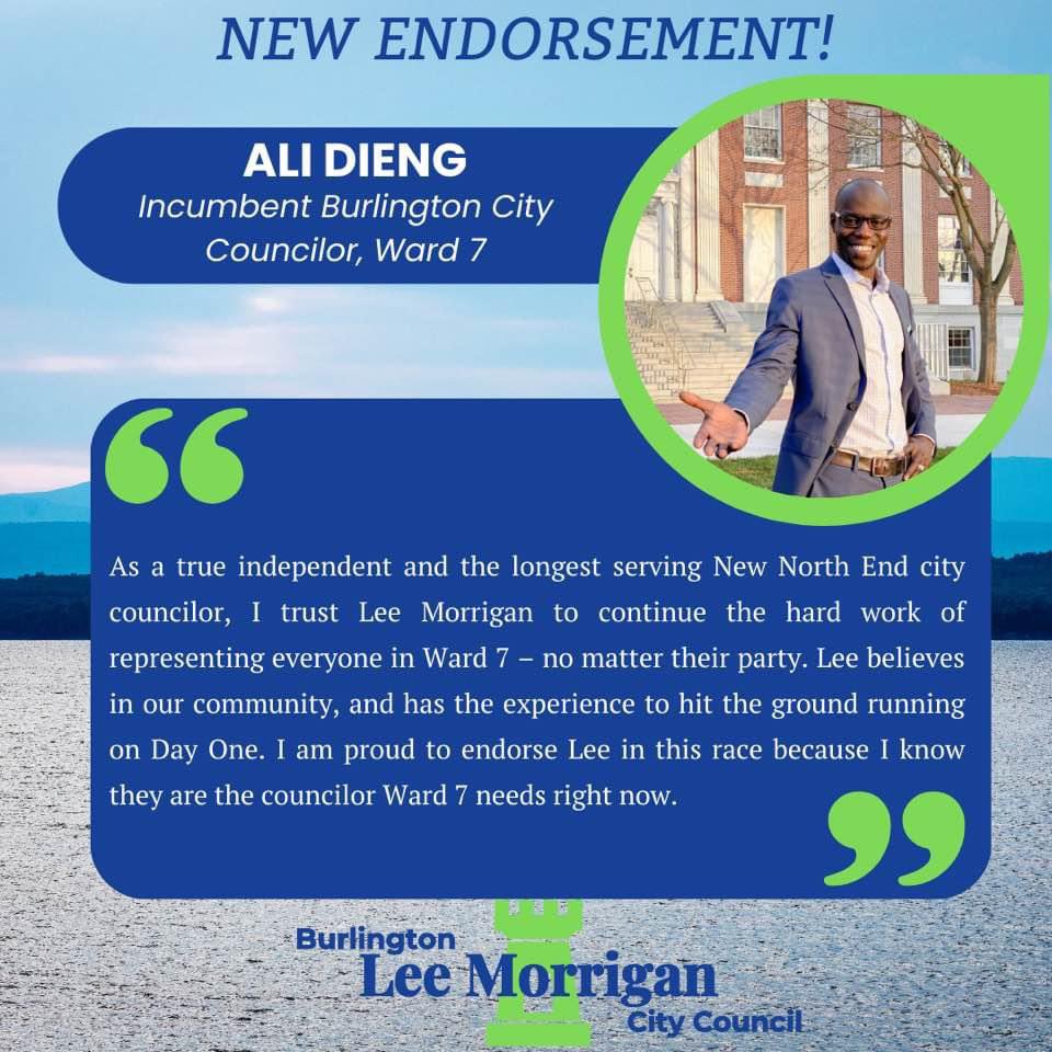 Ali Dieng has represented the people of Ward 7 with determination and care, and I’m so honored to receive his endorsement! <a href="/diengali/">Ali Dieng VT</a> #btv #vtpoli