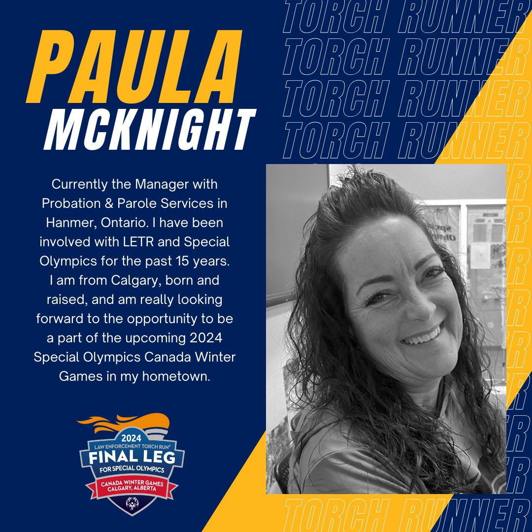Meet the unstoppable Paula McKnight, blazing trails as our next Torch Runner, proudly representing Probation & Parole, Community Corrections, all the way from Hanmer, Ontario! Paula has been lighting up the torch for LETR and Special Olympics for an incredible 15 years. 🏅