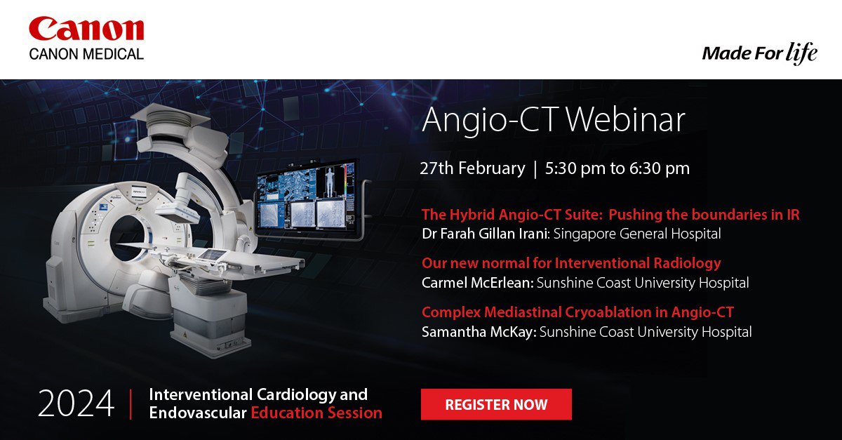 CanonMedicalANZ's tweet photo. Join our #AngioCT #webinar to learn how users at Sunshine Coast University Hospital and Singapore General Hospital are using the Alphenix Angio-CT to push the boundaries in #InterventionalRadiology clinical indications.
Register now. https://t.co/T8ymQ2P577 https://t.co/guoO9Xw5S5
