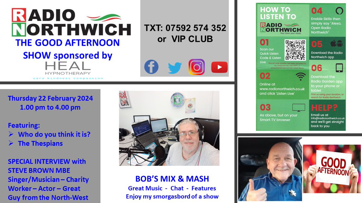 bigbobprice's tweet photo. Two shows on @RadioNorthwich this week. Early afternoon tomorrow between 1.00 pm and 3.00 pm. Then on Thursday I have my usual show between 1.00 pm and 4.00 pm sponsored by @healhypnothera1. This show will have an interview with the amazing Steve Brown. See you then. https://t.co/1n0xdKTcL0
