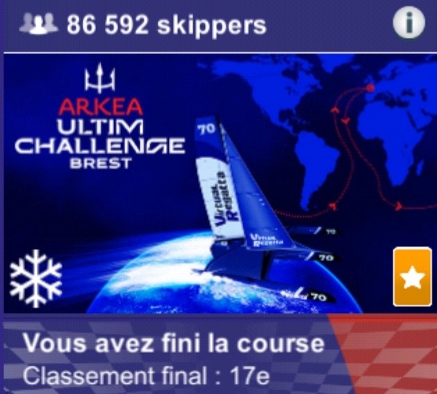 17e de cette <a href="/ARKEAULTIMCHALL/">ARKEA ULTIM CHALLENGE - Brest</a> sur <a href="/VirtualRegatta/">Virtual Regatta</a> apres avoir vécu l'enfer le long de la ZEA 
Mais contente d'avoir jamais lâché et tenté 1 ou 2 koualakon qui me sauve la course 😎