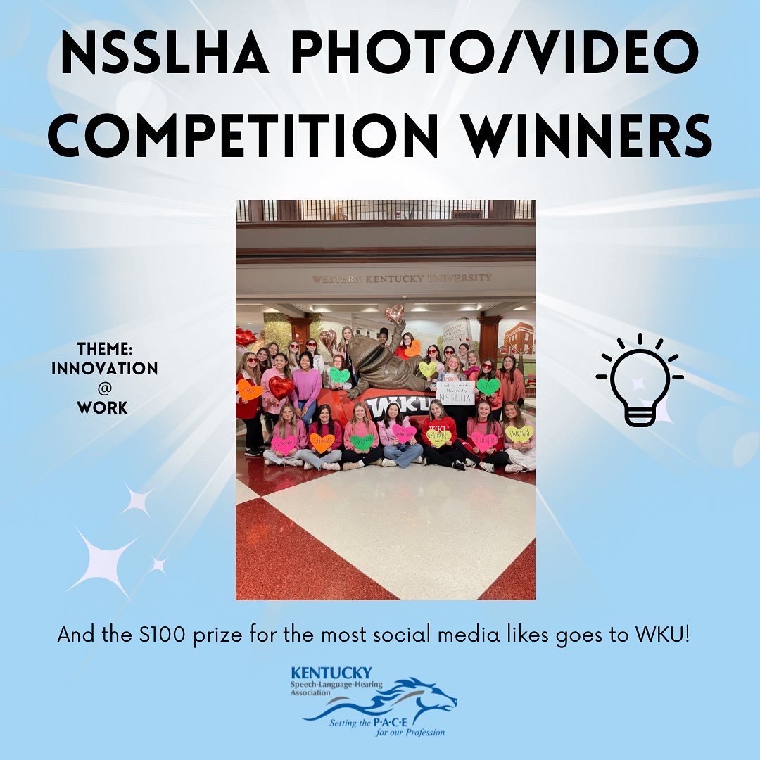 KYSPEECH's tweet photo. Thank you to all who voted in KSHA’s NSSLHA Picture/Video Competition before convention. Congratulations to… 🥁 WESTERN KENTUCKY UNIVERSITY! WKU was awarded the $100 prize on Thursday night. A grand total of 1,224 votes by the deadline! Well done and congratulations!

#KSHACon24 https://t.co/gRn3KuPvQC