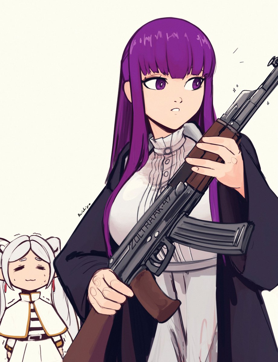 fern (sousou no frieren) ,frieren multiple girls weapon gun 2girls rifle purple eyes purple hair  illustration images