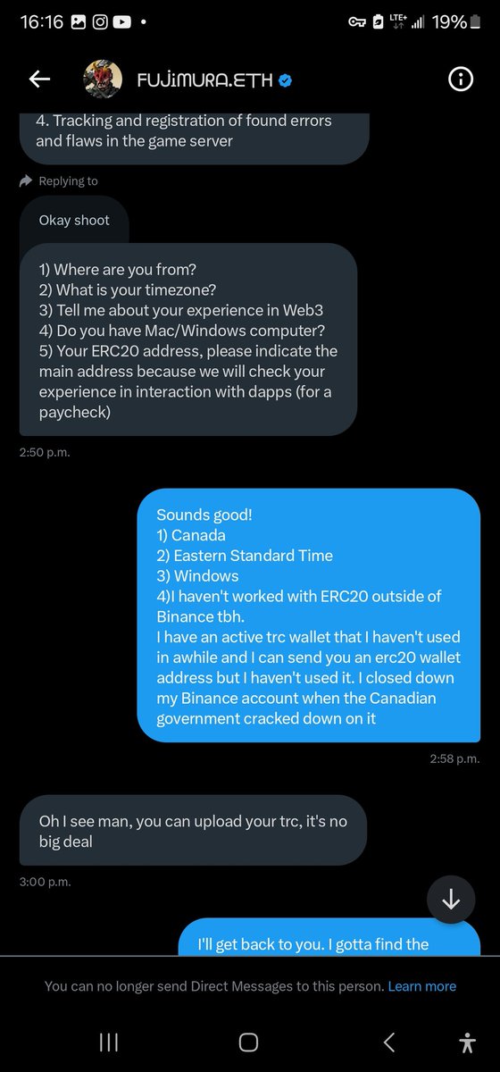 Be aware of this guy: @Fujimurauyshi 
He offered me a job and then tried to backdoor me. 
Pics of chat to follow. 
Stay safe out there guys!

#ERC20 #landofdreams.io #btc #Crypto #ScamAlert