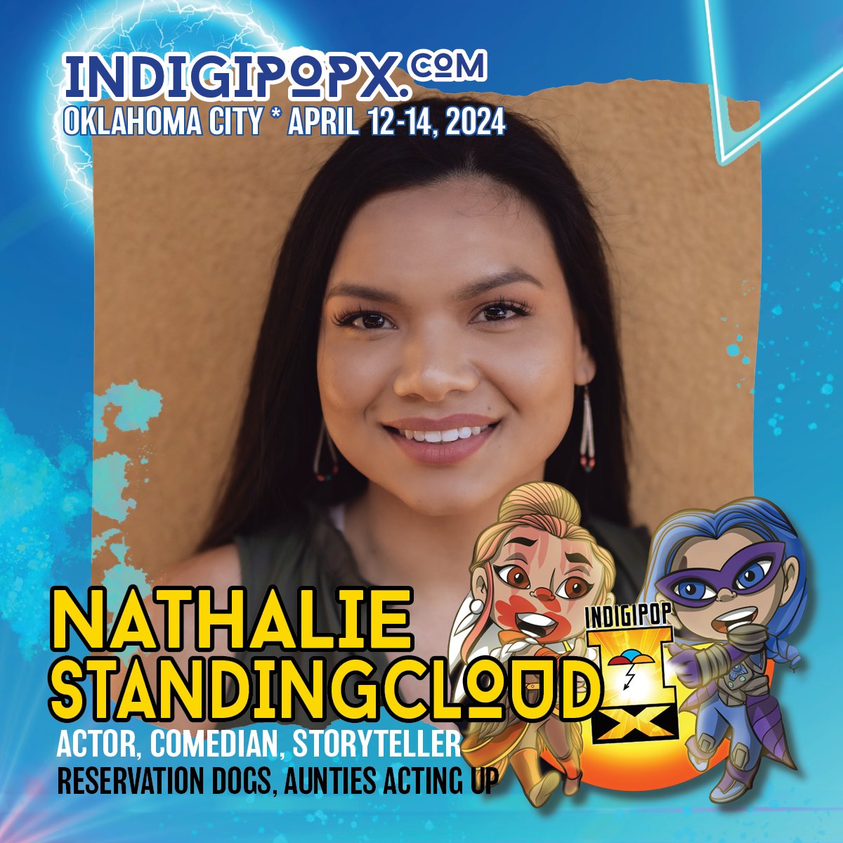 #IndigipopX2024 welcomes comedian/actor NATHALIE STANDINGCLOUD. She brings the fabulosity to our late night events — the I-POP Awards (Sat.) & Evening w/ Mistress Red (Fri.)

📍@FAMokMuseum  
📅 April 12-14, 2024 
 🎟️ indigipopx.com

#IPXLateNight #OKC #NativeCreatives