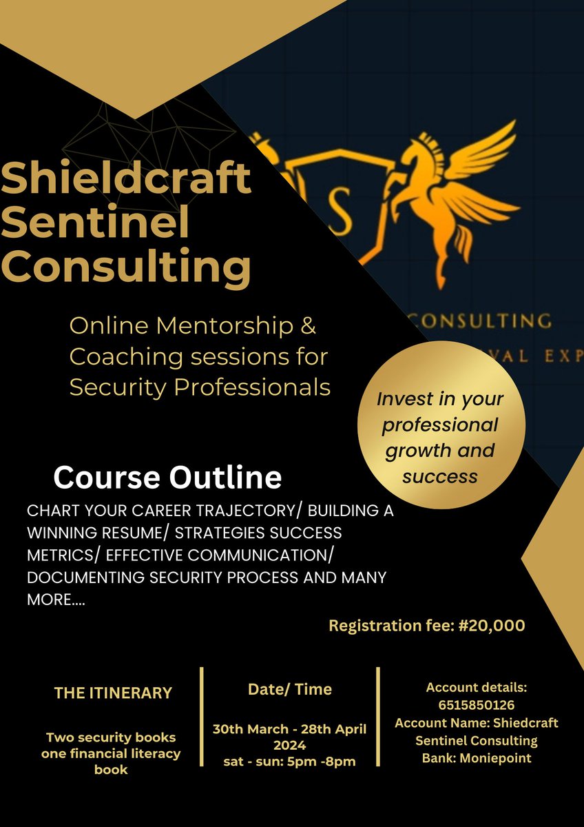 Shieldcraf18652's tweet image. I heard security personnels love learning, here is another chance for you to learn more and know more. Don&apos;t look for the certificate but hunt for the knowledge #securityawareness #securitymanagers #guards #consulting #mentorship #coaching #securityprofessionals