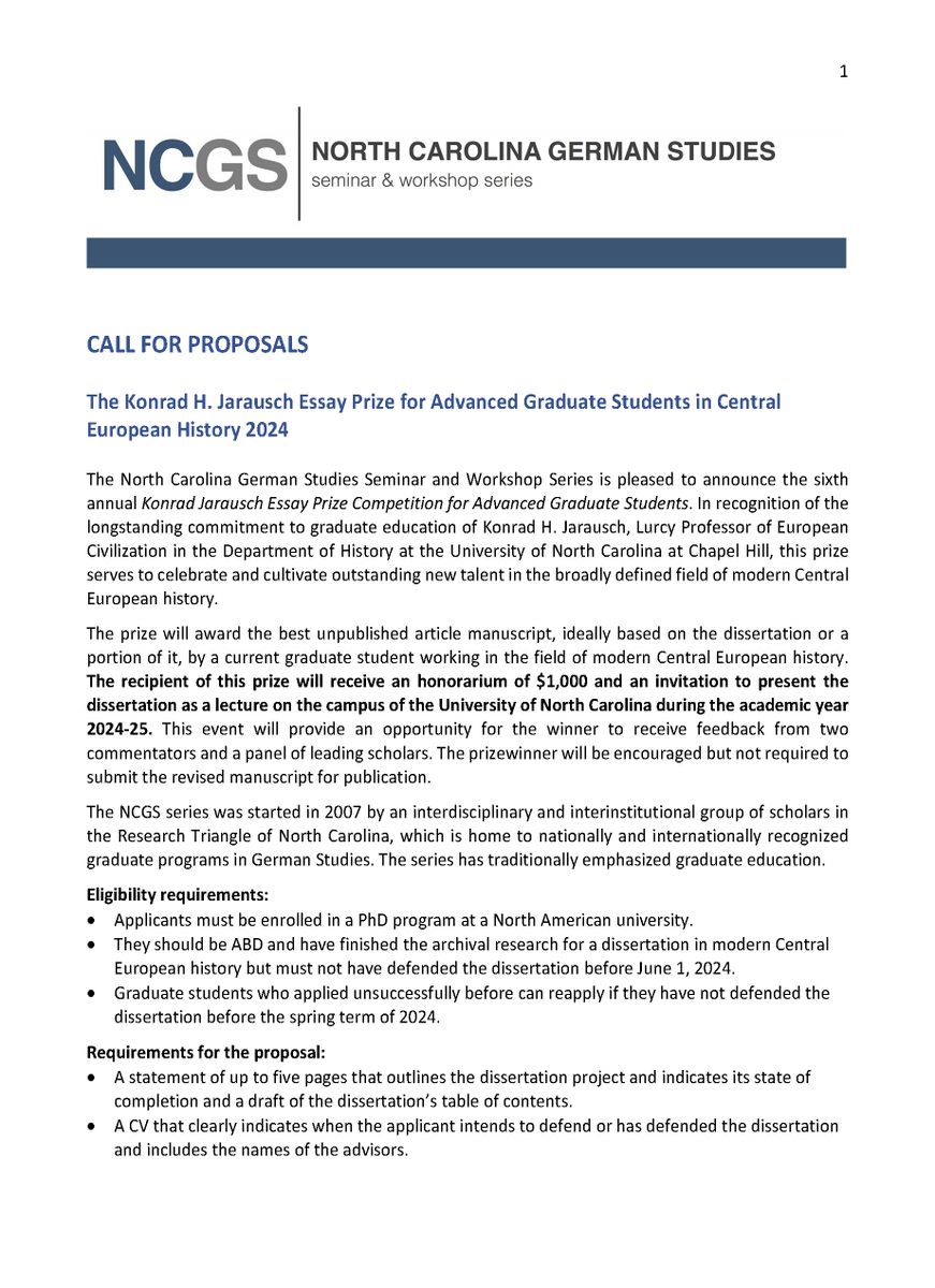 NCGermanStudies's tweet photo. We invite your submissions for The Konrad H. Jarausch Essay Prize for Advanced Graduate Students in Central European History 2024 -- deadline: May 1, 2024

Please share widely with all graduate students working on central Europe! https://t.co/O8W6WBE2r7