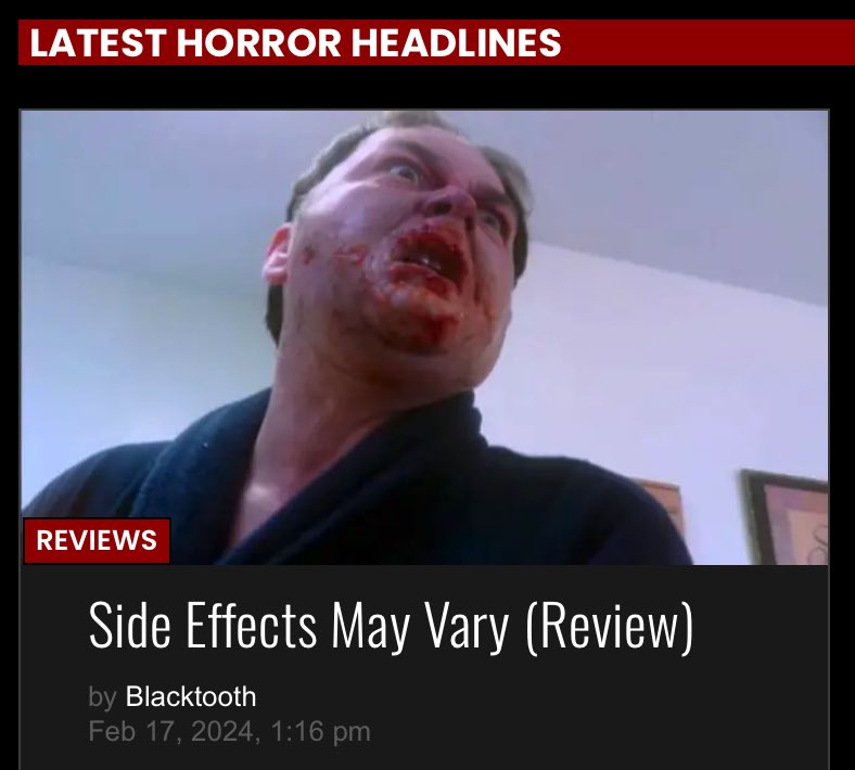 TempeVideo's tweet photo. THIS JUST IN: Blacktooth from #HorrorSociety calls #SideEffectsMayVary "the contender for best horror movie of the year and it’s only February"! Hit the link to read the complete review! 🤗
https://t.co/hYEjDcZ1Cf
#reviews #jrbookwalter #jamesledwards #OnlyInTheaters https://t.co/WHorAXtYEX