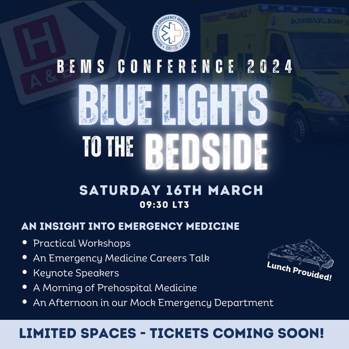 BEMSbirmingham's tweet photo. We are very excited to announce our 2024 conference - ‘Blue Lights to the Bedside’

The morning will be filled with Pre-Hospital Emergency Medicine with us then turning the Medical School into our very own Emergency Department in the afternoon!  

Ticket release very soon 🚨🚑🏥 https://t.co/5WSXWfwfXY