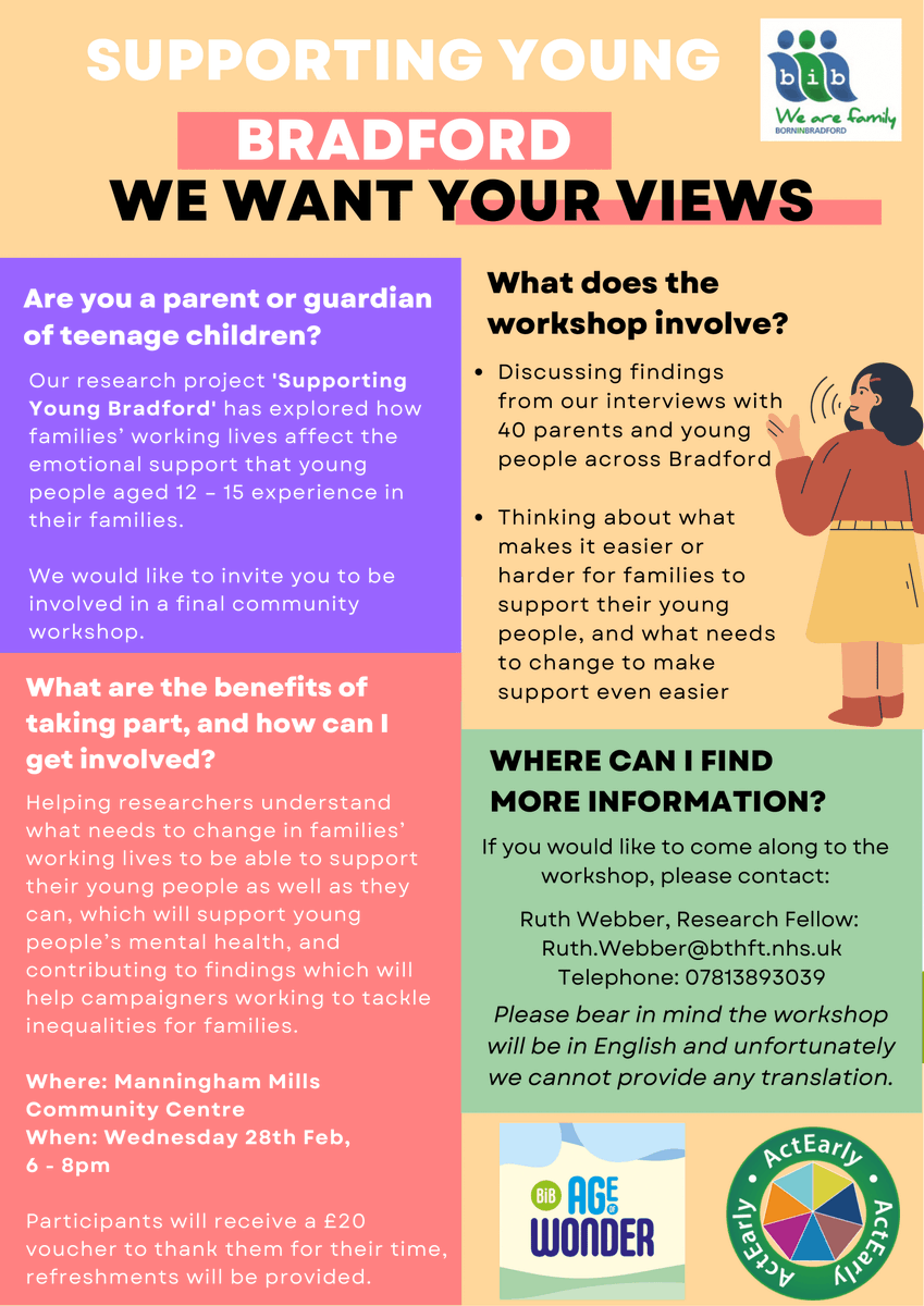 The great team at @BiBresearch are hosting these events as part of a research project focusing on supporting young people in Bradford. They would like to hear the views of young people aged between 12 - 15 years old and their parents. Do sign up if this interests you! 🧵 1/2