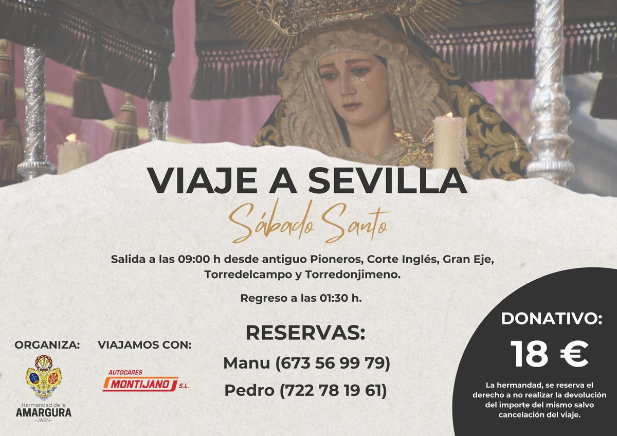 VIAJES | Nuestra hermandad, organiza un viaje a Sevilla el próximo Sábado Santo en el que podrás disfrutar de todas las hermandades de la jornada.