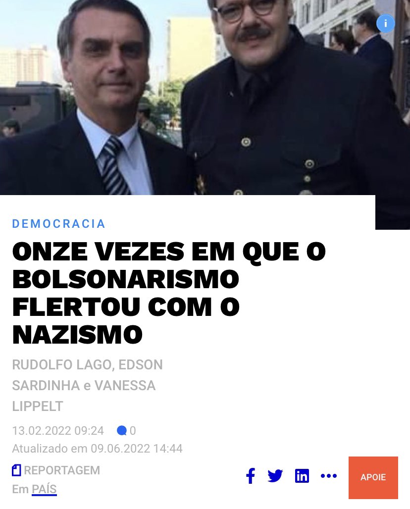GugaNoblat's tweet photo. Nunca vi tanto bolsonarista repudiando o nazismo como hoje. Que tal repudiar também essas notícias aqui? Ainda há tempo. E em quem vocês acham que os simpatizantes do nazismo votam aqui no Brasil? Oh, dúvida cruel. 🤡 https://t.co/ifToFXrOTh