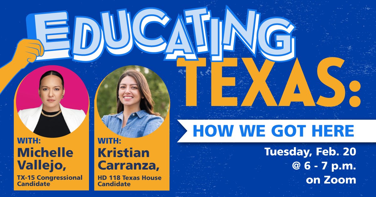 Join us for our third installment of the Educating Texas series this Tuesday, Feb. 20 from 6-7 p.m. on Zoom! We'll be joined by @MichelleVforTX and @kristianfortx 🎉 RSVP: mobilize.us/texasaft/event…