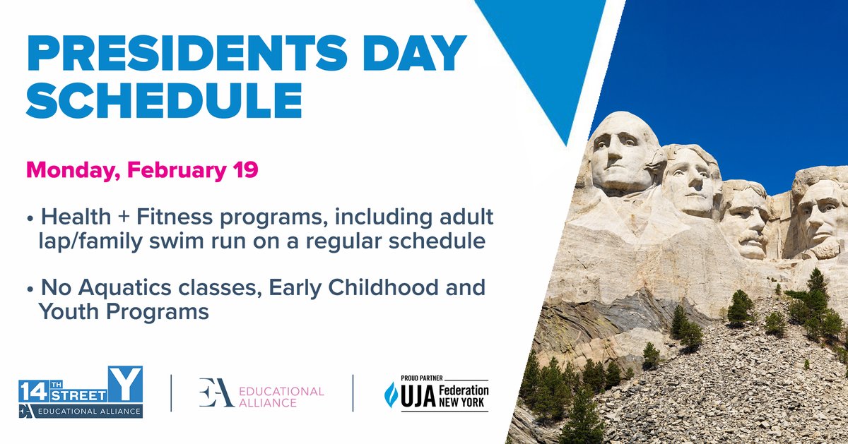 14StreetY's tweet photo. Attention #14YCommunity! In observance of #PresidentsDay, we have a few scheduling changes for Feb 19:

There will be no Aquatics classes, Early Childhood Programs, or Youth Programs.

Health + Fitness programs, including Adult Lap/Family Swim, will run on our regular schedule. https://t.co/3aSgDLPb9P