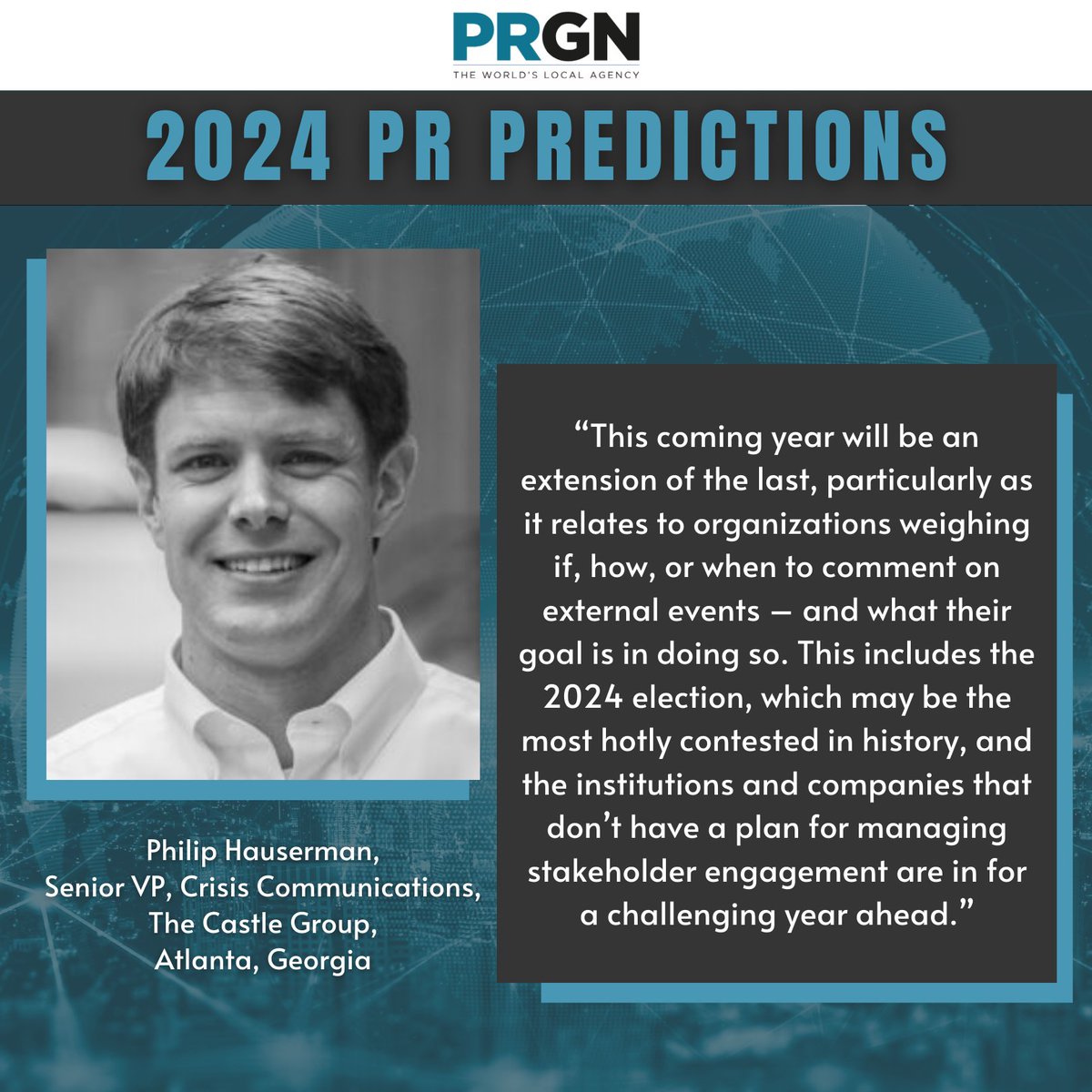 “This coming year will be an extension of the last, particularly as it relates to organizations weighing if, how, or when to comment on external events – and what their goal is in doing so," says Philip Hauserman of <a href="/CastleGRP/">The Castle Group</a>. Read more on 2024 here: bit.ly/4auBsrc
