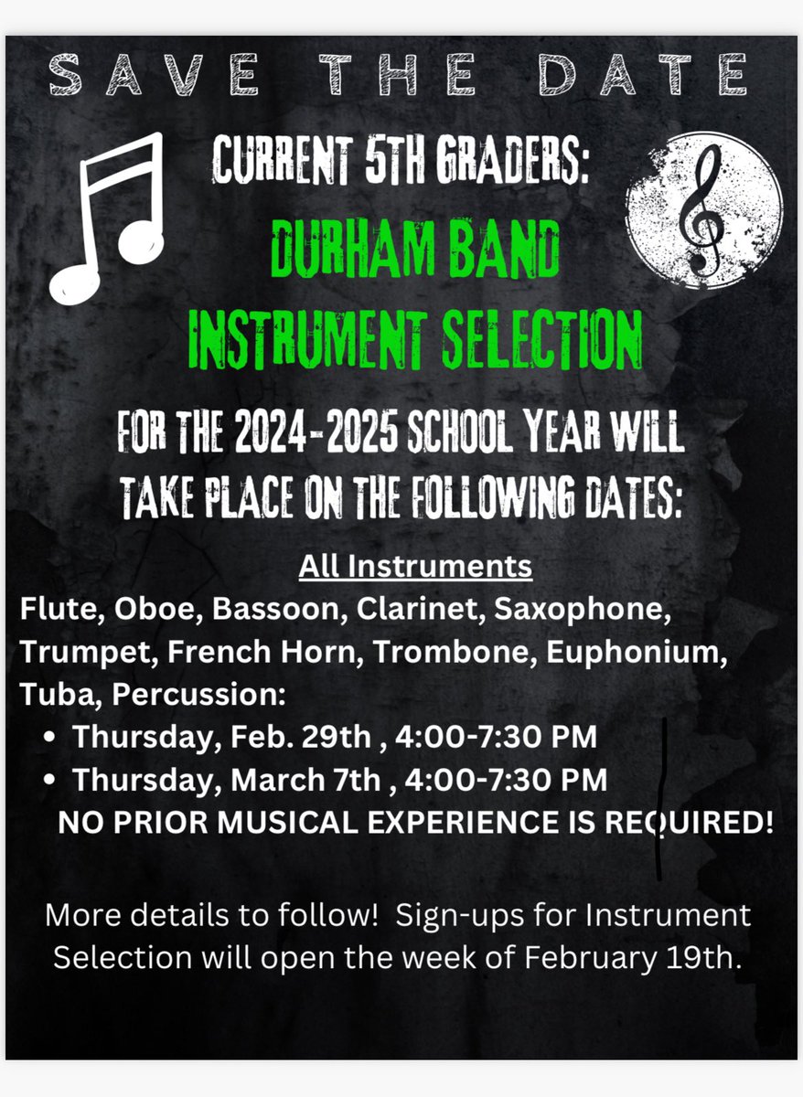 Attention current @durham_dragon 5th grade parents! If your student is interested in joining the band next school year, take note of the upcoming instrument selection dates. Stay tuned for sign-up information. #youbelonghere #InspireExcellence #DragonProud