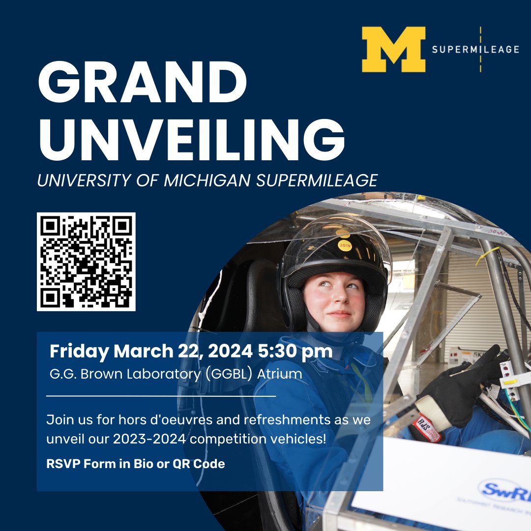 Mark your calendars, Supermileage’s Unveiling is on March 22nd in GGBL Atrium at 5:30 pm! Join us for hors d’oeuvres and refreshments as we unveil our 2023-2024 competition vehicles to the community. All are invited! Can’t wait to see you! Link in bio to RSVP or through QR Code.