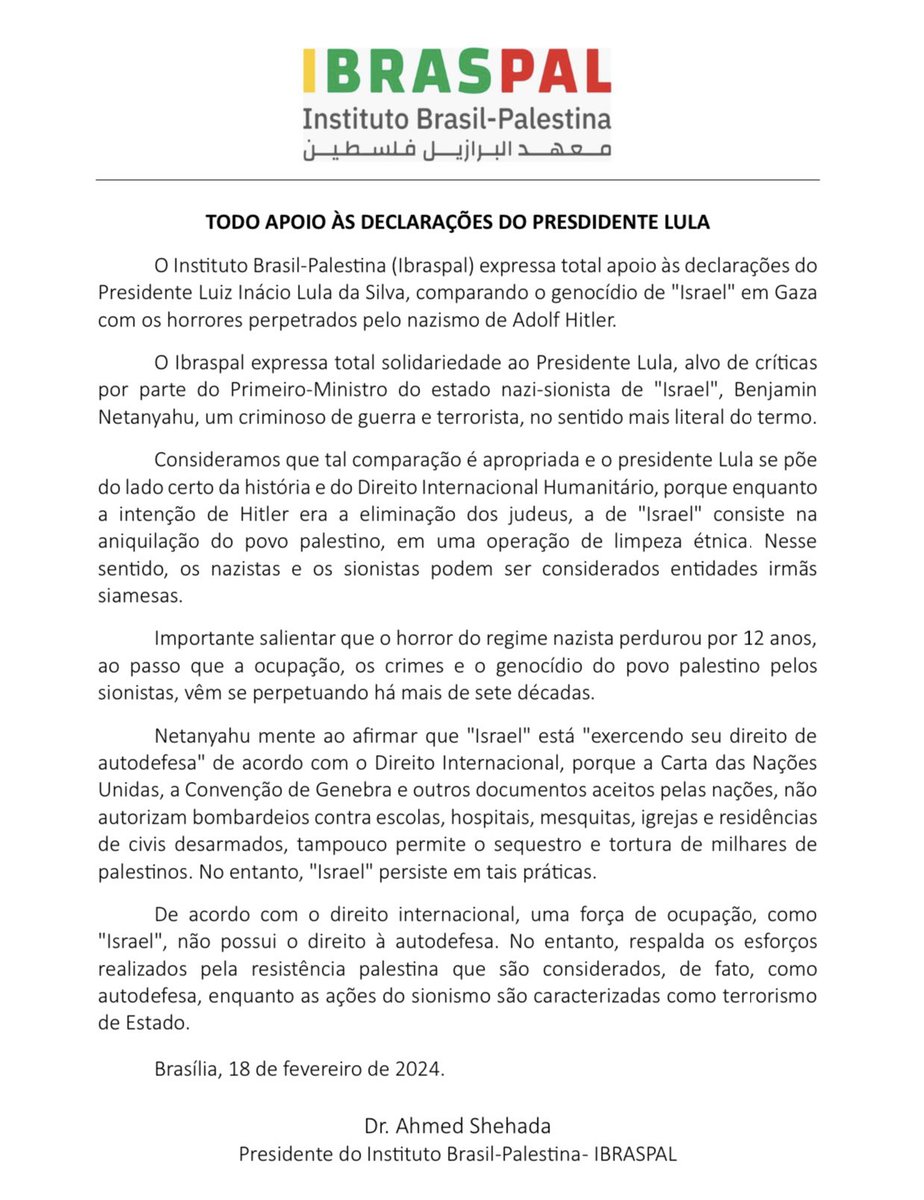 🇵🇸✊🏽🇧🇷 NOTA do Instituto Brasil-Palestina (IBRASPAL) em apoio às declarações  do presidente <a href="/LulaOficial/">Lula</a>.

<a href="/padilhando/">Alexandre Padilha</a> <a href="/Pimenta13Br/">Paulo Pimenta</a> <a href="/gleisi/">Gleisi Hoffmann</a> <a href="/lindberghfarias/">Lindbergh Farias</a> <a href="/zeca_dirceu/">Zeca Dirceu</a> <a href="/randolfeap/">Randolfe Rodrigues</a> <a href="/jandira_feghali/">Jandira Feghali 🇧🇷🚩</a>