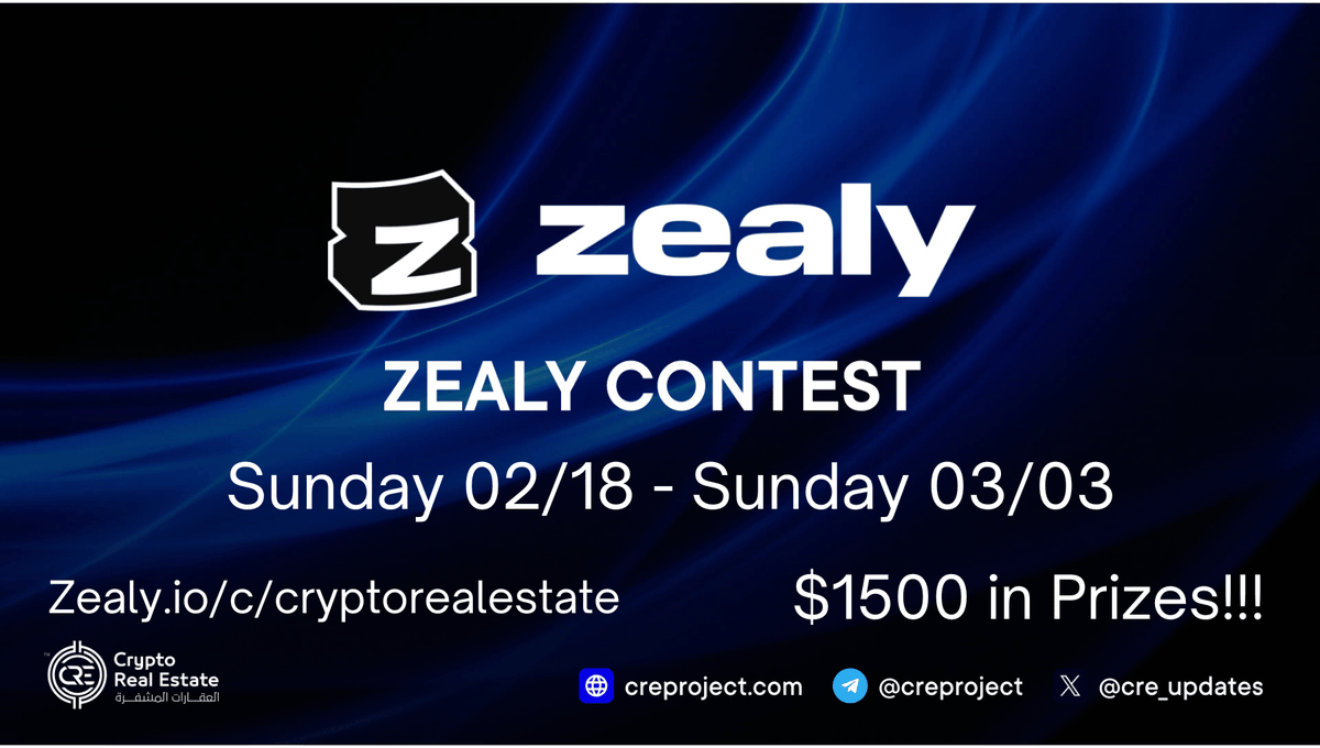 cre_updates's tweet photo. Announcing our Zealy Contest. 02/18/24-03/03/24 $1500 in Prizes to be won! 1st Place: $500 2nd Place: $250 3rd: $100 4th and 5th Places: $75 The first 50 to complete the tasks under "Onboarding" , will win $10. All prizes paid in ETH 7-14 days after contest end.  Good Luck! Our Zealy Community opens at 11:00 PM EST! https://t.co/jErnqkZ9cs 

Make sure to enter your Ethereum wallet address to receive prizes!