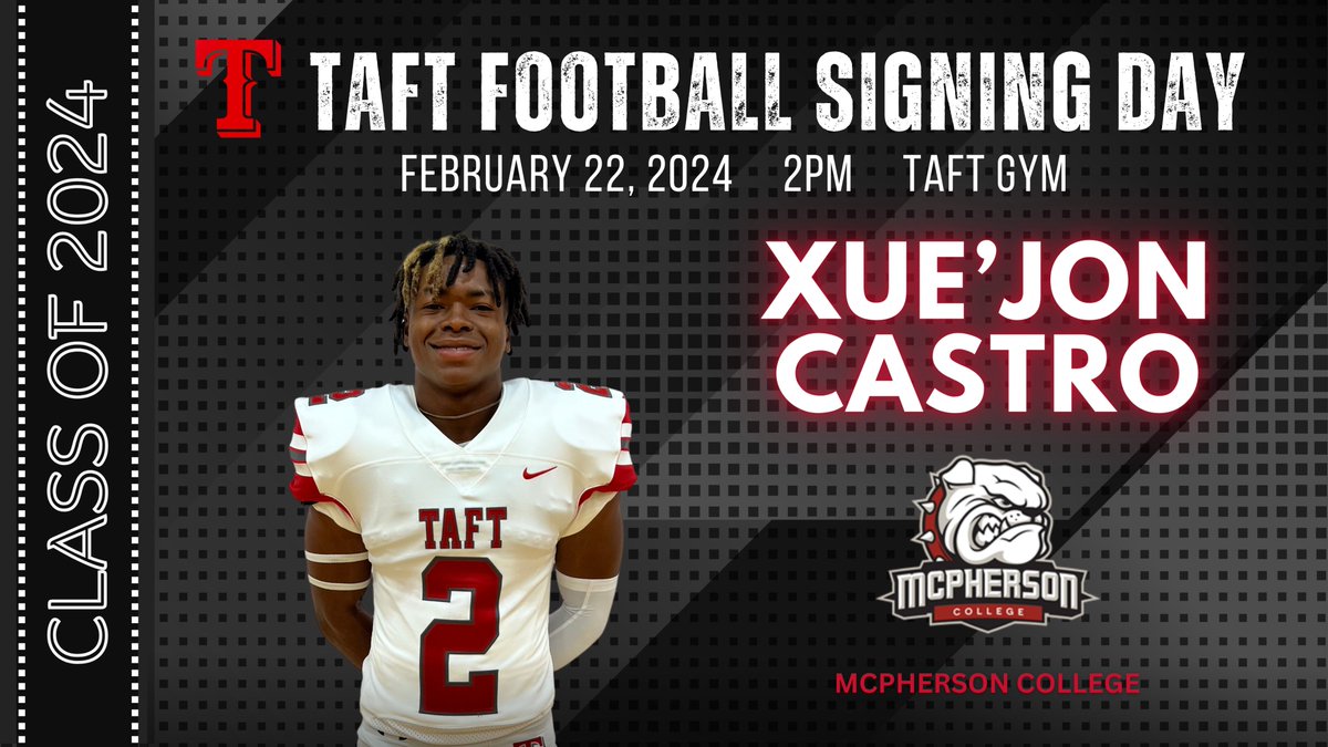 Taft Raider Athletic Booster Club (@taft_club) on Twitter photo Come join us on Thursday, Feb. 22 at 2:00 pm in the Taft Gymnasium to celebrate the accomplishments and the signings of these amazing young men! <a href="/evannn_105/">Evan Olson</a> <a href="/Jayden_Aleman8/">Jayden Aleman</a> <a href="/Xuejon_C/">Xue’Jon Castro</a> <a href="/SUPiratesFB/">Southwestern FB</a> <a href="/CruFootball/">UMHB Football🏈</a> <a href="/MACBulldogsFB/">McPherson Football</a> <a href="/TaftRaider/">Taft Raider Football</a> <a href="/NISDTaft/">Taft HS</a> <a href="/NISDComArts/">CommunicationsArtsHS</a> <a href="/NISD_Athletics/">NISD_Athletics</a> Come join us on Thursday, Feb. 22 at 2:00 pm in the Taft Gymnasium to celebrate the accomplishments and the signings of these amazing young men! <a href="/evannn_105/">Evan Olson</a> <a href="/Jayden_Aleman8/">Jayden Aleman</a> <a href="/Xuejon_C/">Xue’Jon Castro</a> <a href="/SUPiratesFB/">Southwestern FB</a> <a href="/CruFootball/">UMHB Football🏈</a> <a href="/MACBulldogsFB/">McPherson Football</a> <a href="/TaftRaider/">Taft Raider Football</a> <a href="/NISDTaft/">Taft HS</a> <a href="/NISDComArts/">CommunicationsArtsHS</a> <a href="/NISD_Athletics/">NISD_Athletics</a>