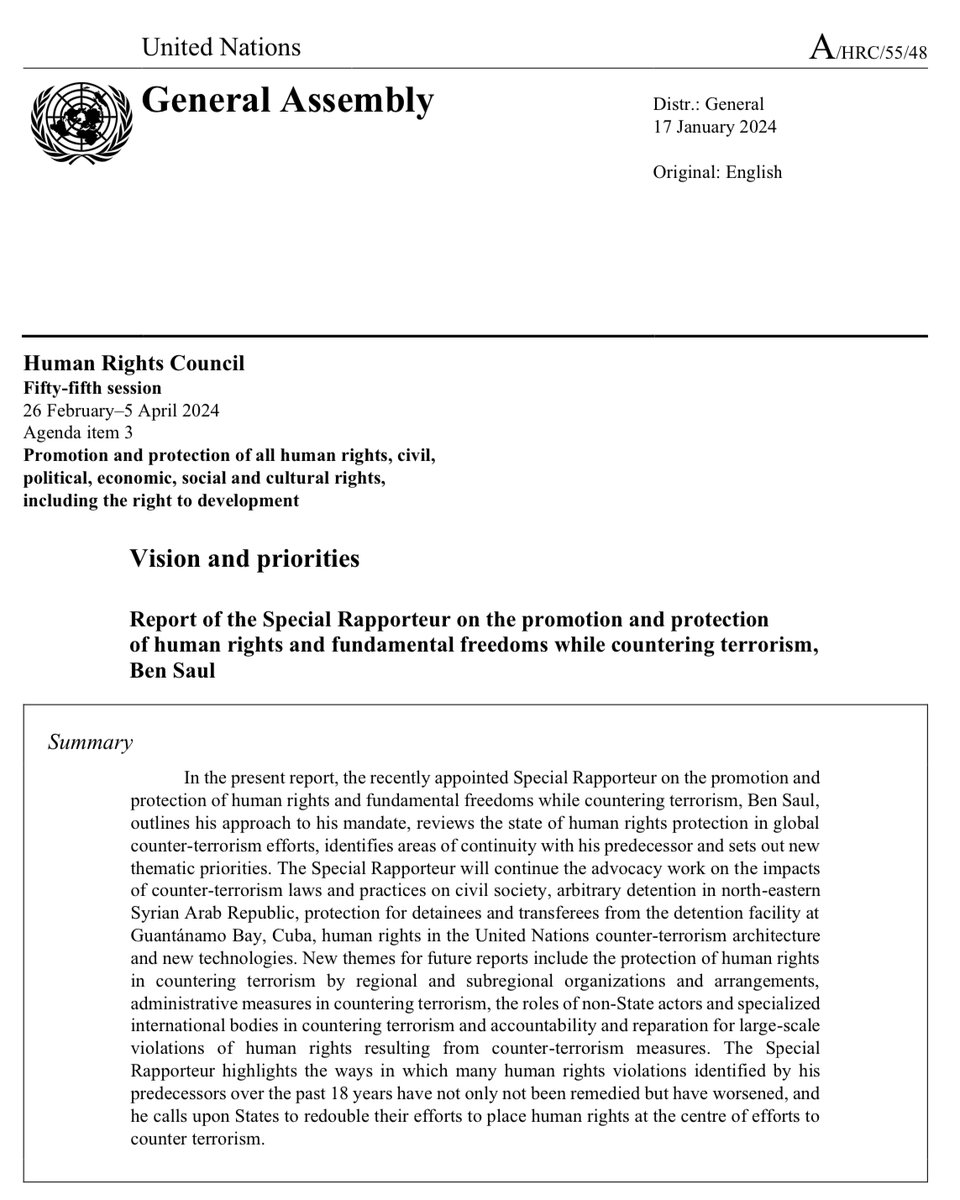 profbensaul's tweet photo. Pleased to share my new, first report to the UN Human Rights Council setting out my vision and priorities for the next 3 years as UN Special Rapporteur on Human Rights and Counter-terrorism https://t.co/KcHCYYQCib https://t.co/1JHPAW97Xo
