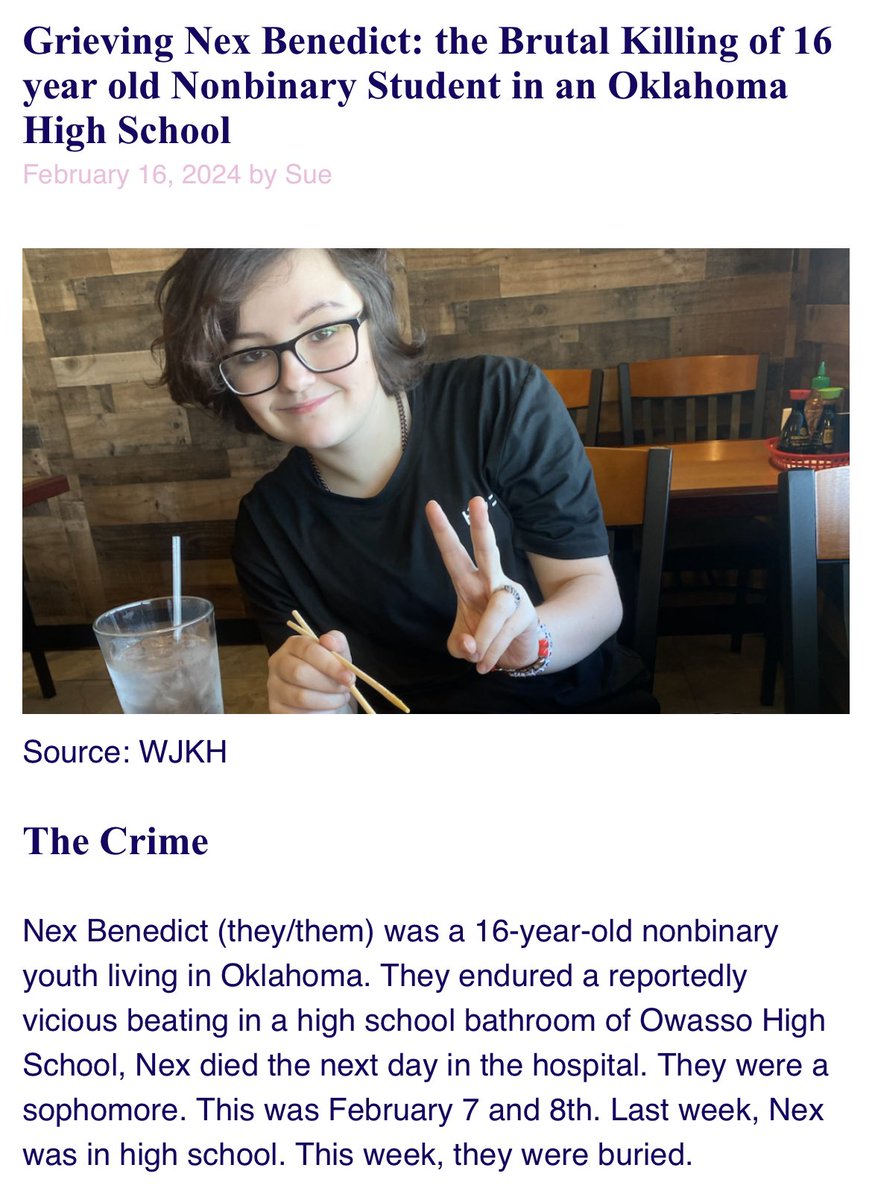 Nex, a nonbinary teenager, was reportedly beaten to death in a high school bathroom last week.

This is horrifying, and comes as lawmakers are increasingly spreading fear over trans people in bathrooms.