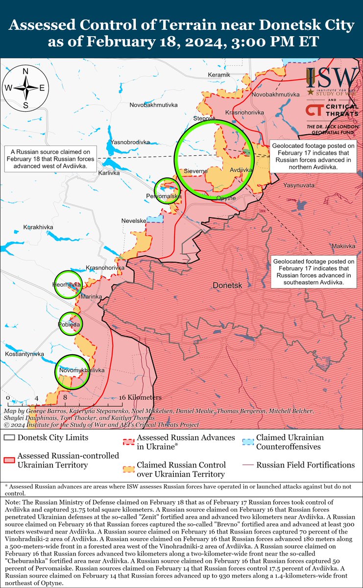 Ukrainian forces will likely be able to establish new defensive lines not far beyond Avdiivka, which will likely prompt the culmination of the Russian offensive in this area. 🧵(1/9)